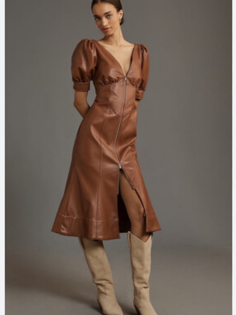 Anthropologie Vegan Leather Puff-Sleeve Zip-Front Midi Dress NWT